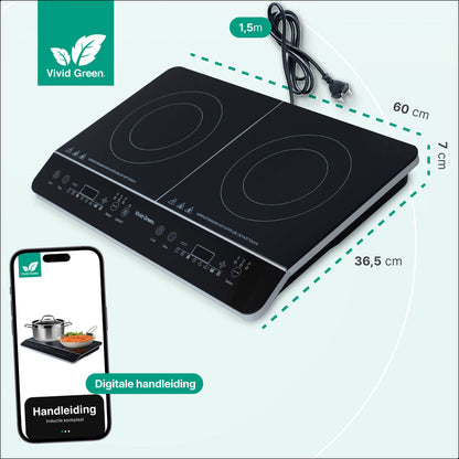 Inductie Kookplaat - Vrijstaand - 2 Pits - 1500 + 2000 Watt - 10 standen - Zwart