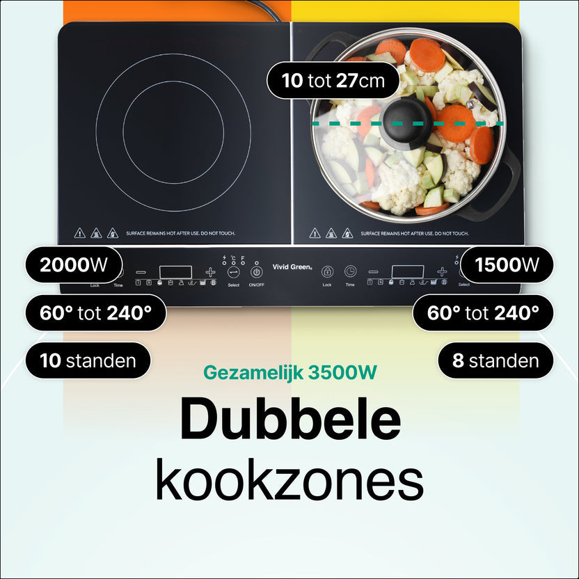 Inductie Kookplaat - Vrijstaand - 2 Pits - 1500 + 2000 Watt - 10 standen - Zwart
