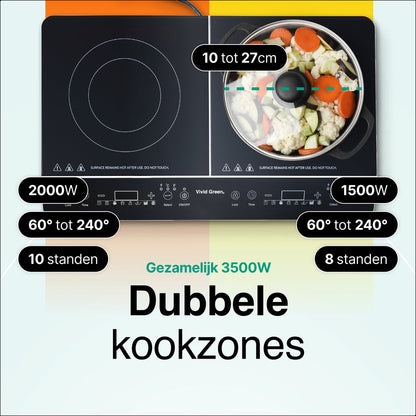 Inductie Kookplaat - Vrijstaand - 2 Pits - 1500 + 2000 Watt - 10 standen - Zwart
