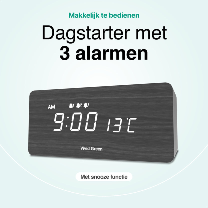 Houten Digitale Wekker met Draadloos Opladen - Wekkers Digitaal - Thermometer Functie - Alarm - QI Wireless Charger