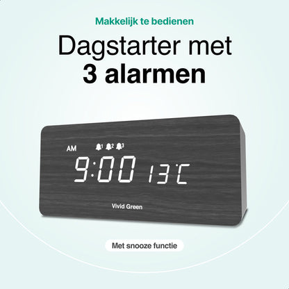 Houten Digitale Wekker met Draadloos Opladen - Wekkers Digitaal - Thermometer Functie - Alarm - QI Wireless Charger