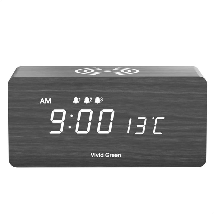 Houten Digitale Wekker met Draadloos Opladen - Wekkers Digitaal - Thermometer Functie - Alarm - QI Wireless Charger