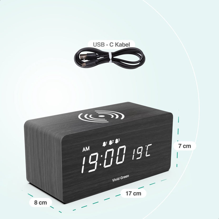 Houten Digitale Wekker met Draadloos Opladen - Wekkers Digitaal - Thermometer Functie - Alarm - QI Wireless Charger