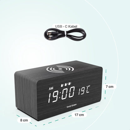 Houten Digitale Wekker met Draadloos Opladen - Wekkers Digitaal - Thermometer Functie - Alarm - QI Wireless Charger
