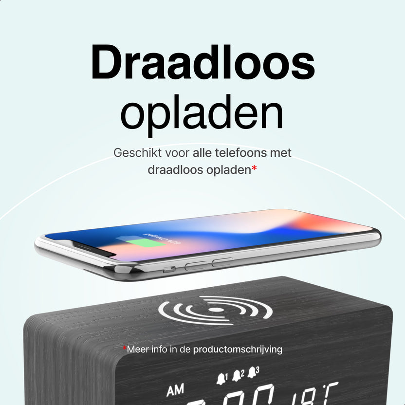Houten Digitale Wekker met Draadloos Opladen - Wekkers Digitaal - Thermometer Functie - Alarm - QI Wireless Charger