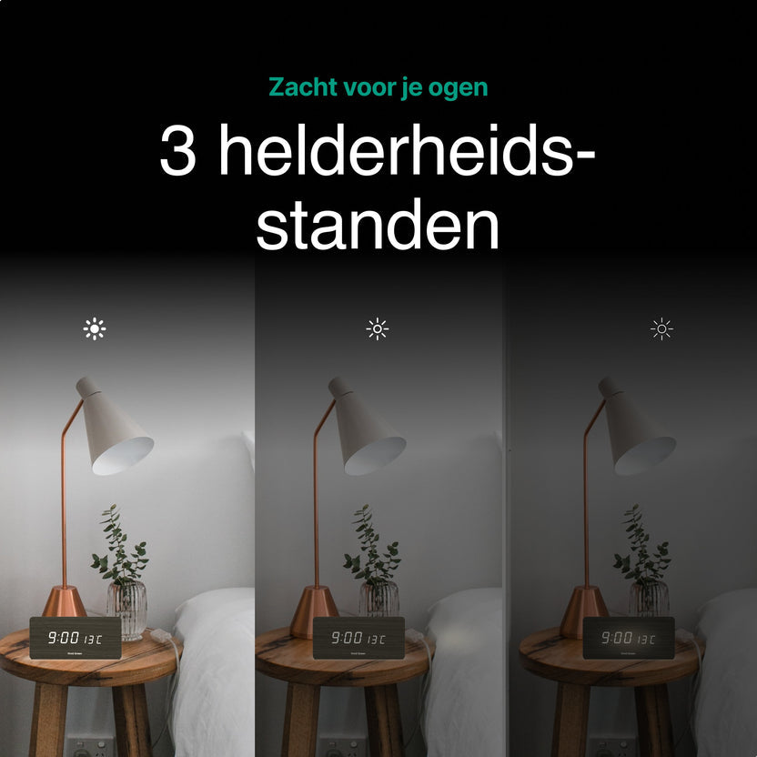 Houten Digitale Wekker met Draadloos Opladen - Wekkers Digitaal - Thermometer Functie - Alarm - QI Wireless Charger