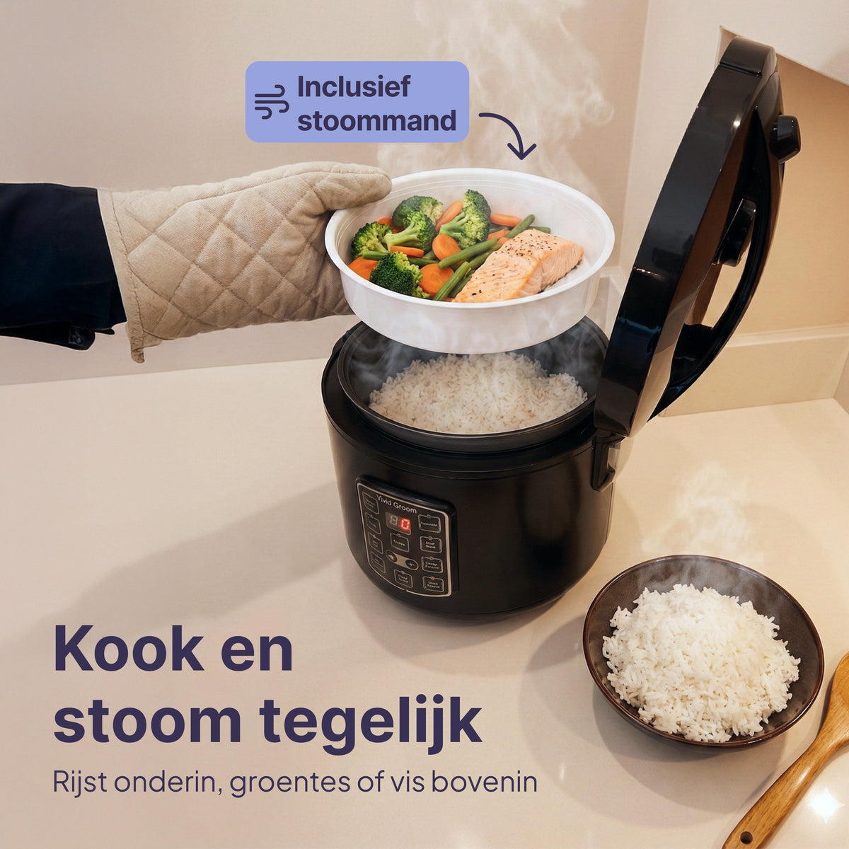 Rijstkoker met Stomer - 1.5L - Slowcooker met Timer - 8 Porties