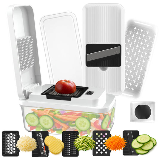 Groentesnijder Multifunctioneel & Mandoline Keukensnijder - 13-delig - Uienhakker Met Opvangbak 1,3L - Inclusief Bewaardeksel - Wit