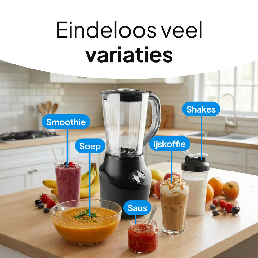 Blender 500W – 1,5L Kan – Vaatwasserbestendig - Smoothie Maker – Zwart