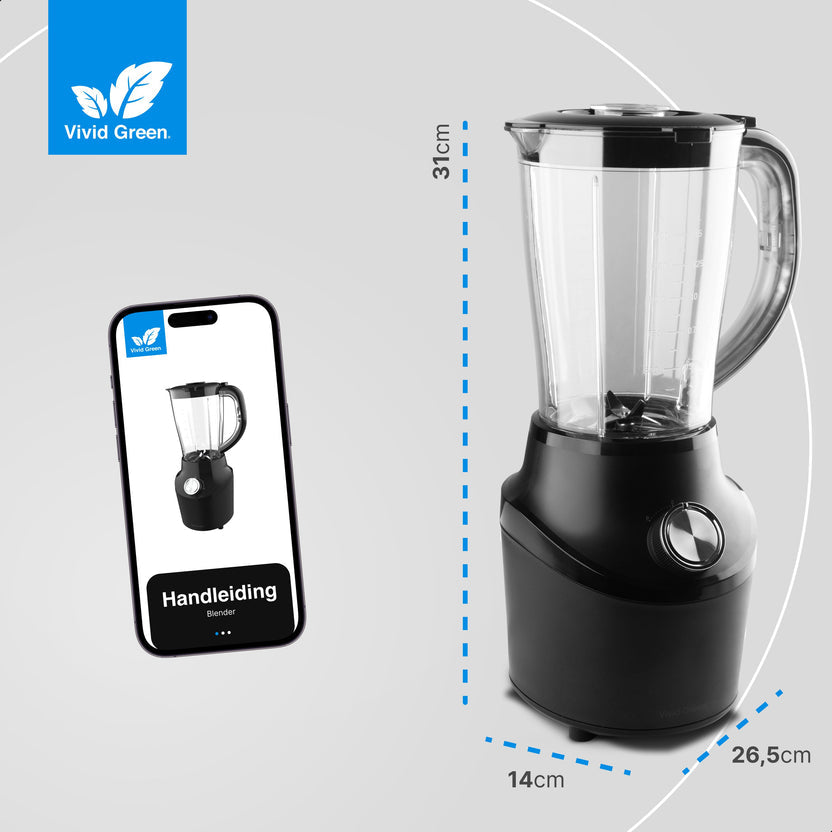 Blender 500W – 1,5L Kan – Vaatwasserbestendig - Smoothie Maker – Zwart