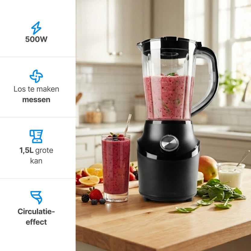 Blender 500W – 1,5L Kan – Vaatwasserbestendig - Smoothie Maker – Zwart