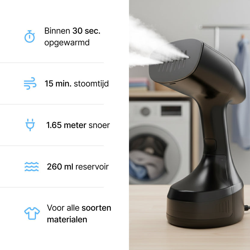 Kledingstomer - Krachtige Handstomer 1800W - Stoomapparaat Kleding - Steamer - Zwart