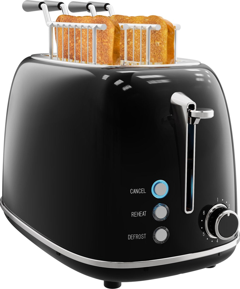 Retro Broodrooster met Tostiklemmen- 6 Warmteniveaus - 2 Extra Brede Sleuven - Reheat en Ontdooi-functie - 815W - Zwart