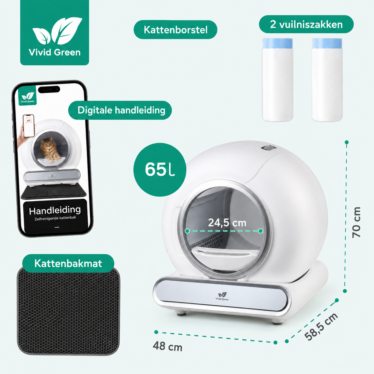 Automatische kattenbak -Zelfreinigende Kattenbak Inclusief App - 65L - 4 standen