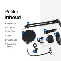 Microfoon met arm - USB - Gaming - Podcast - PC - Met plopkap en ruisfilter - Zwart