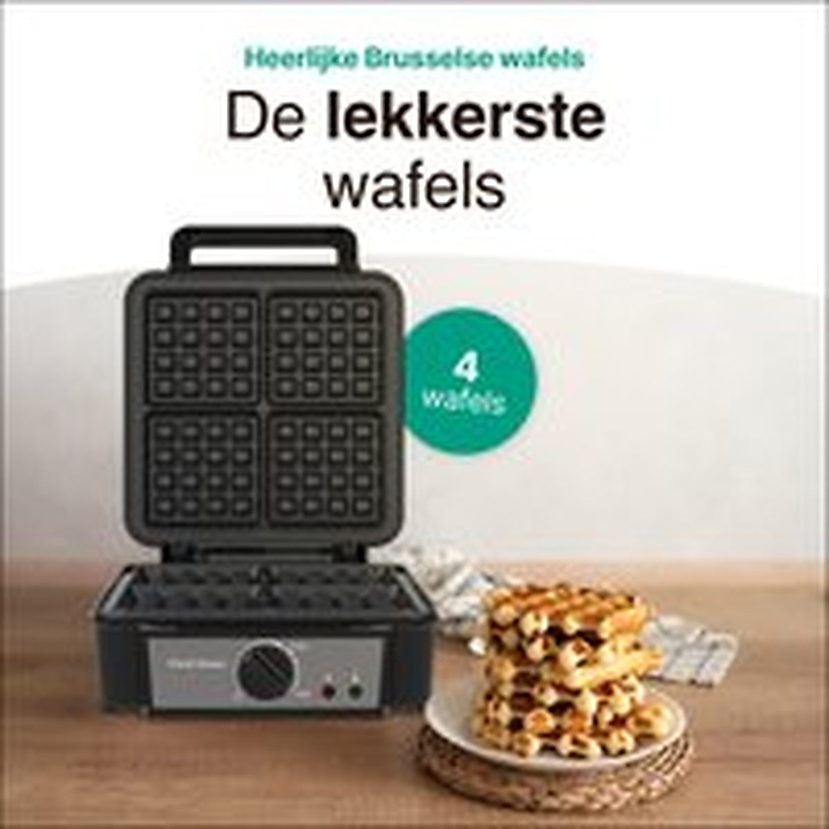 Wafelijzer voor 4 Wafels - Wafelmaker - Antiaanbaklaag - Temperatuur instelbaar - Zwart